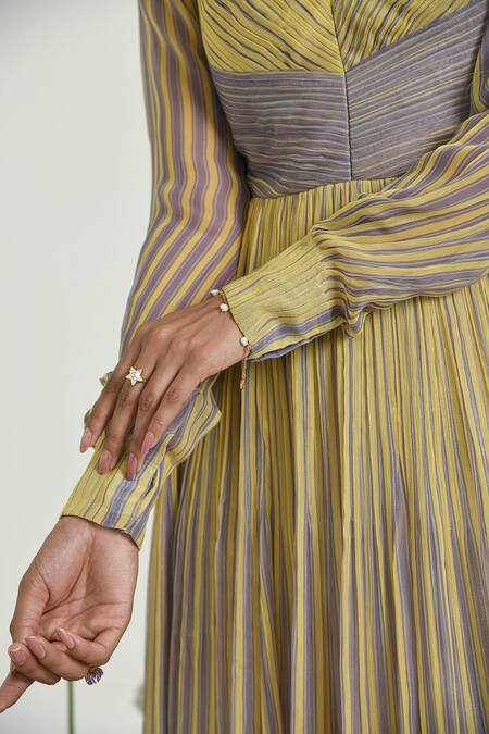 Baise Gaba_Yellow Chiffon V-neck Sunbeam Striped Maxi Dress_Online_at_Aza_Fashions