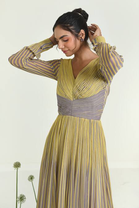Buy_Baise Gaba_Yellow Chiffon V-neck Sunbeam Striped Maxi Dress_Online_at_Aza_Fashions