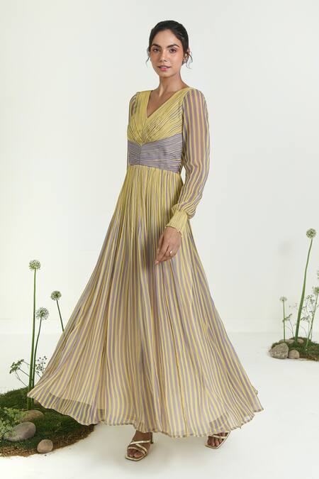 Shop_Baise Gaba_Yellow Chiffon V-neck Sunbeam Striped Maxi Dress_Online_at_Aza_Fashions
