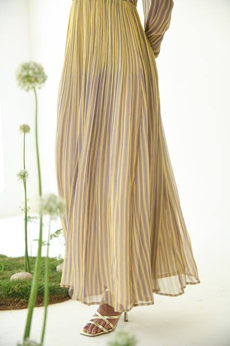 Baise Gaba_Yellow Chiffon V-neck Sunbeam Striped Maxi Dress_at_Aza_Fashions
