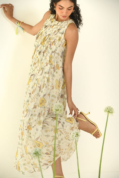 Shop_Baise Gaba_Beige Chiffon Round Neck Floral Print Fit And Flare Maxi Dress _Online_at_Aza_Fashions