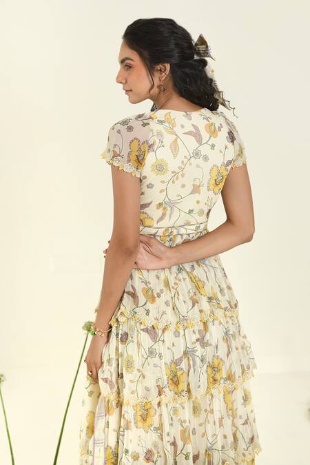 Baise Gaba Beige Chiffon Lace Square Neck Floral Tiered Meadow Dress Online at Aza Fashions Baise Gaba_Beige Chiffon Lace Square Neck Floral Tiered Meadow Dress _Online_at_Aza_Fashions