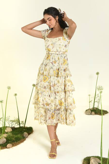 Buy Baise Gaba Beige Chiffon Lace Square Neck Floral Tiered Meadow Dress Online at Aza Fashions Buy_Baise Gaba_Beige Chiffon Lace Square Neck Floral Tiered Meadow Dress _Online_at_Aza_Fashions