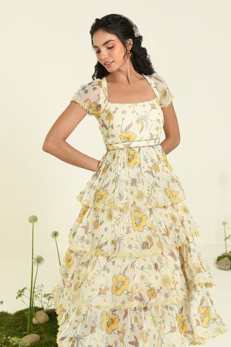 Shop Baise Gaba Beige Chiffon Lace Square Neck Floral Tiered Meadow Dress Online at Aza Fashions Shop_Baise Gaba_Beige Chiffon Lace Square Neck Floral Tiered Meadow Dress _Online_at_Aza_Fashions