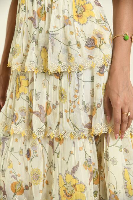 Baise Gaba Beige Chiffon Lace Square Neck Floral Tiered Meadow Dress at Aza Fashions Baise Gaba_Beige Chiffon Lace Square Neck Floral Tiered Meadow Dress _at_Aza_Fashions