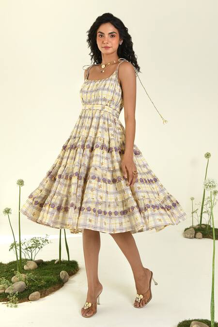 Baise Gaba Beige Chiffon Tassels Square Neck Willow Midi Dress at Aza Fashions Baise Gaba_Beige Chiffon Tassels Square Neck Willow Midi Dress _at_Aza_Fashions