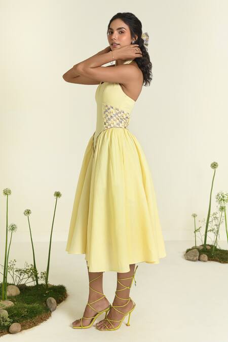 Baise Gaba Yellow Cotton, Linen Halter Neck Buttercup Midi Dress Online at Aza Fashions Baise Gaba_Yellow Cotton, Linen Halter Neck Buttercup Midi Dress _Online_at_Aza_Fashions