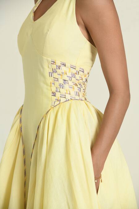 Baise Gaba Yellow Cotton, Linen Halter Neck Buttercup Midi Dress at Aza Fashions Baise Gaba_Yellow Cotton, Linen Halter Neck Buttercup Midi Dress _at_Aza_Fashions