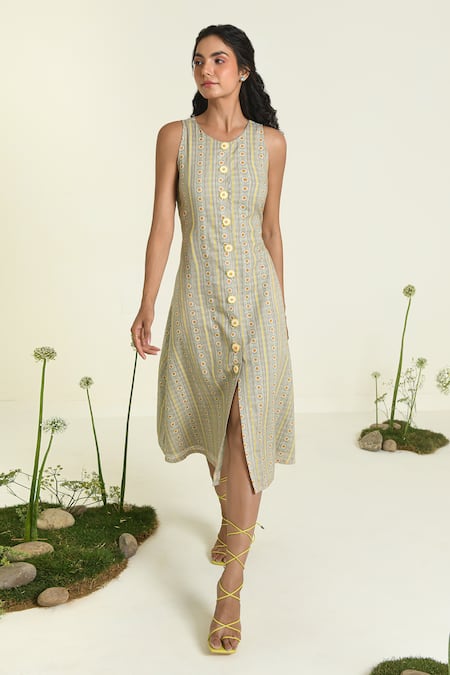Shop_Baise Gaba_Green Cotton Round Neck Daisy Midi Dress _at_Aza_Fashions