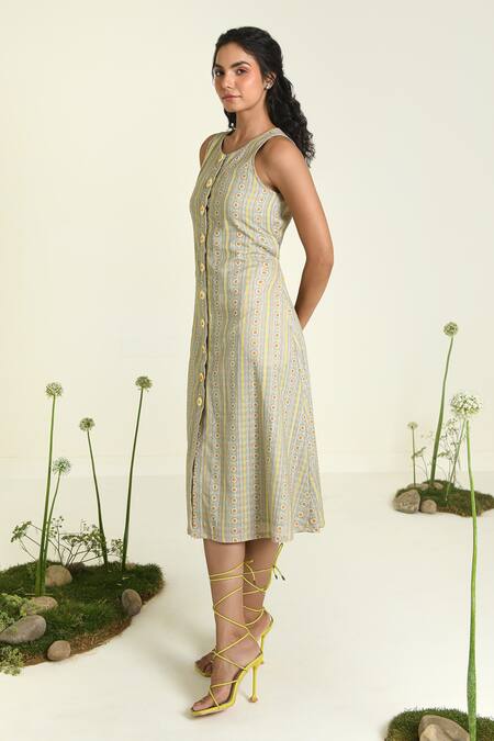 Buy_Baise Gaba_Green Cotton Round Neck Daisy Midi Dress _Online_at_Aza_Fashions
