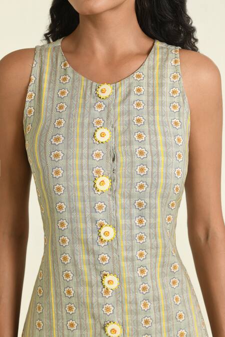 Shop_Baise Gaba_Green Cotton Round Neck Daisy Midi Dress _Online_at_Aza_Fashions