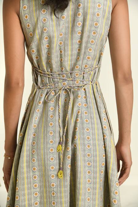 Baise Gaba_Green Cotton Round Neck Daisy Midi Dress _at_Aza_Fashions