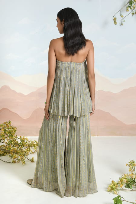 Shop Baise Gaba Green Chiffon Embroidery Halter Neck Wingsong Gharara Set at Aza Fashions Shop_Baise Gaba_Green Chiffon Embroidery Halter Neck Wingsong Gharara Set _at_Aza_Fashions