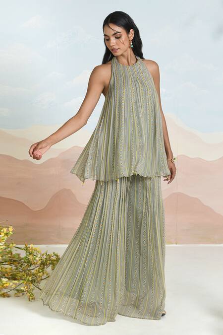 Shop Baise Gaba Green Chiffon Embroidery Halter Neck Wingsong Gharara Set Online at Aza Fashions Shop_Baise Gaba_Green Chiffon Embroidery Halter Neck Wingsong Gharara Set _Online_at_Aza_Fashions