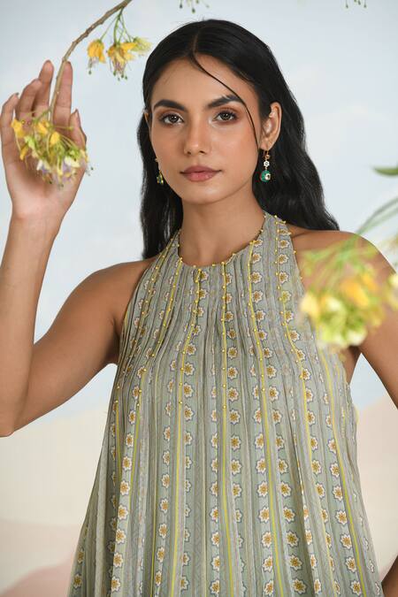 Baise Gaba Green Chiffon Embroidery Halter Neck Wingsong Gharara Set at Aza Fashions Baise Gaba_Green Chiffon Embroidery Halter Neck Wingsong Gharara Set _at_Aza_Fashions