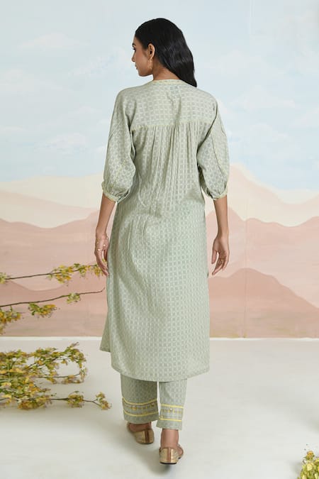 Shop Baise Gaba Green Cotton Embroidery Round Neck Fiora Kurta Set at Aza Fashions Shop_Baise Gaba_Green Cotton Embroidery Round Neck Fiora Kurta Set _at_Aza_Fashions