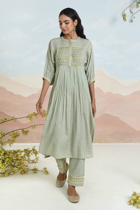 Shop Baise Gaba Green Cotton Embroidery Round Neck Fiora Kurta Set Online at Aza Fashions Shop_Baise Gaba_Green Cotton Embroidery Round Neck Fiora Kurta Set _Online_at_Aza_Fashions