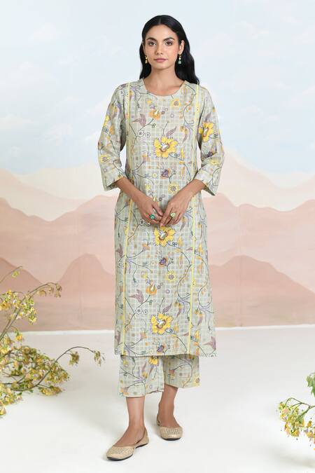 Buy Baise Gaba Green Cotton Embroidery Round Neck Floret Printed Kurta Set Online at Aza Fashions Buy_Baise Gaba_Green Cotton Embroidery Round Neck Floret Printed Kurta Set _Online_at_Aza_Fashions