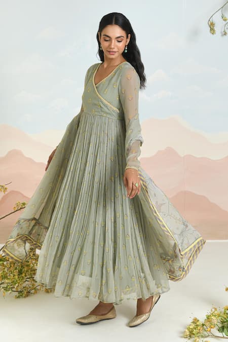 Baise Gaba_Green Chiffon, Cotton Embroidery V-neck Gardenia Anarkali Set _Online_at_Aza_Fashions