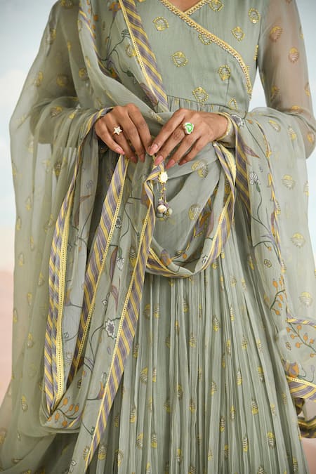 Shop_Baise Gaba_Green Chiffon, Cotton Embroidery V-neck Gardenia Anarkali Set _Online_at_Aza_Fashions