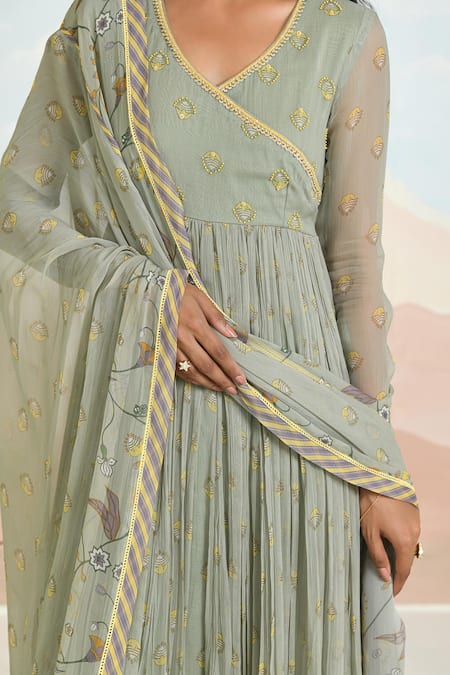 Baise Gaba_Green Chiffon, Cotton Embroidery V-neck Gardenia Anarkali Set _at_Aza_Fashions