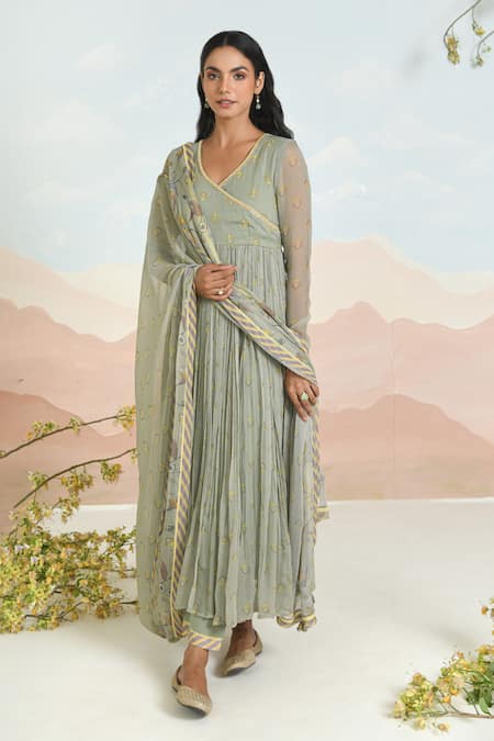 Shop_Baise Gaba_Green Chiffon, Cotton Embroidery V-neck Gardenia Anarkali Set 