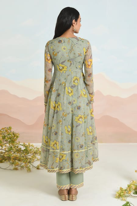 Shop_Baise Gaba_Green Chiffon Embroidery Square Neck Sunpetal Printed Anarkali Set _at_Aza_Fashions