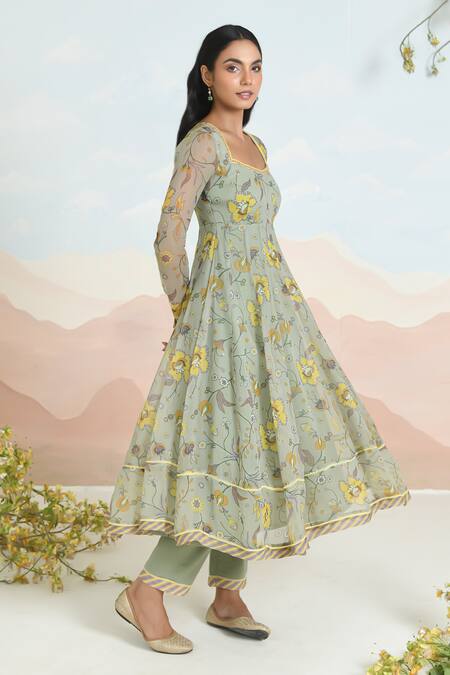 Buy_Baise Gaba_Green Chiffon Embroidery Square Neck Sunpetal Printed Anarkali Set _Online_at_Aza_Fashions
