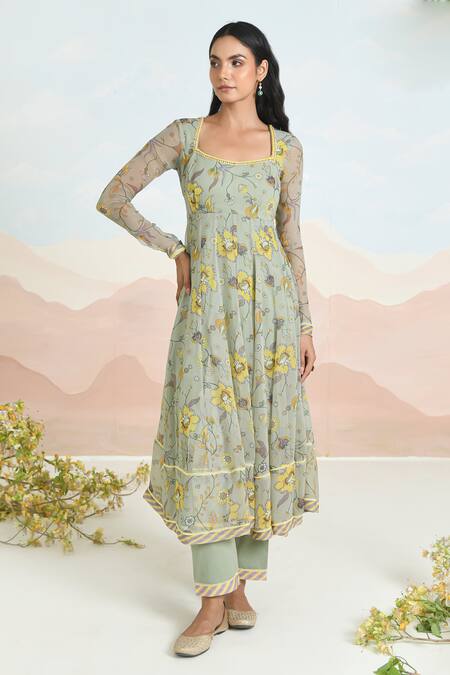 Shop_Baise Gaba_Green Chiffon Embroidery Square Neck Sunpetal Printed Anarkali Set _Online_at_Aza_Fashions