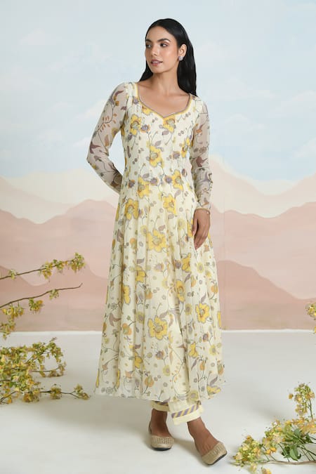 Baise Gaba Beige Chiffon, Cotton Embroidery Floral Print Anarkali Set Online at Aza Fashions Baise Gaba_Beige Chiffon, Cotton Embroidery Floral Print Anarkali Set _Online_at_Aza_Fashions