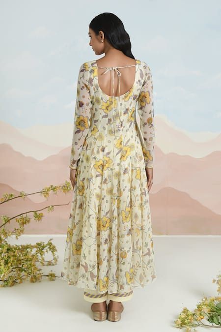 Shop Baise Gaba Beige Chiffon, Cotton Embroidery Floral Print Anarkali Set at Aza Fashions Shop_Baise Gaba_Beige Chiffon, Cotton Embroidery Floral Print Anarkali Set _at_Aza_Fashions