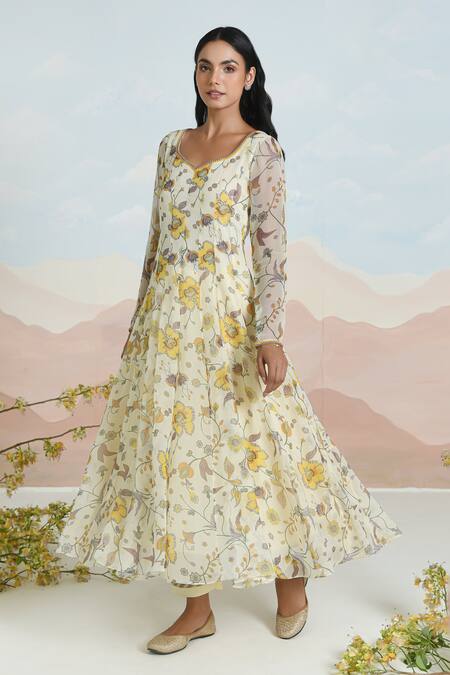Shop Baise Gaba Beige Chiffon, Cotton Embroidery Floral Print Anarkali Set Online at Aza Fashions Shop_Baise Gaba_Beige Chiffon, Cotton Embroidery Floral Print Anarkali Set _Online_at_Aza_Fashions