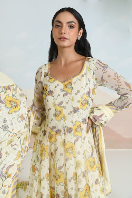 Buy Baise Gaba Beige Chiffon, Cotton Embroidery Floral Print Anarkali Set Buy_Baise Gaba_Beige Chiffon, Cotton Embroidery Floral Print Anarkali Set