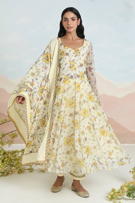 Shop Baise Gaba Beige Chiffon, Cotton Embroidery Floral Print Anarkali Set Shop_Baise Gaba_Beige Chiffon, Cotton Embroidery Floral Print Anarkali Set