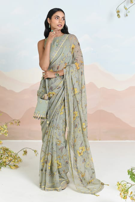 Shop Baise Gaba Green Chiffon Azalea Printed Saree With Blouse Fabric at Aza Fashions Shop_Baise Gaba_Green Chiffon Azalea Printed Saree With Blouse Fabric _at_Aza_Fashions