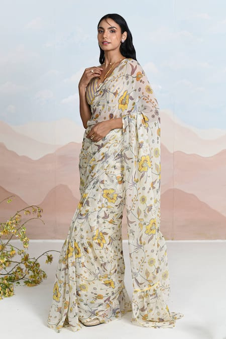 Baise Gaba Beige Chiffon Sundrenched Floral Saree Set Online at Aza Fashions Baise Gaba_Beige Chiffon Sundrenched Floral Saree Set _Online_at_Aza_Fashions