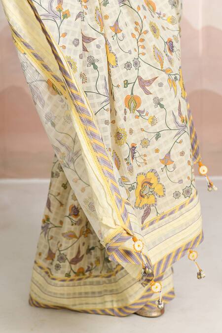 Buy_Baise Gaba_Beige Bloomline Saree With Unstitched Blouse Fabric _Online_at_Aza_Fashions