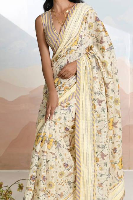Baise Gaba_Beige Bloomline Saree With Unstitched Blouse Fabric _at_Aza_Fashions