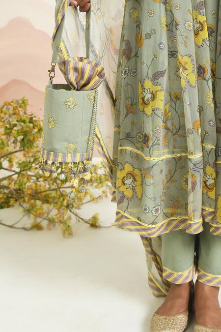 Baise Gaba Green Tassels Jasmera Chiffon Potli Online at Aza Fashions Baise Gaba_Green Tassels Jasmera Chiffon Potli _Online_at_Aza_Fashions