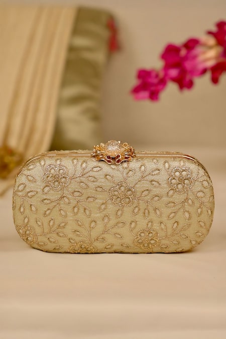 Amyra_Gold Cut Work Tarang Capsule Clutch _Online_at_Aza_Fashions