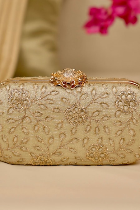 Amyra_Gold Cut Work Tarang Capsule Clutch _at_Aza_Fashions