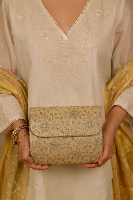 AMYRA Gold Embroidery Tarang Flapover Clutch Bag 