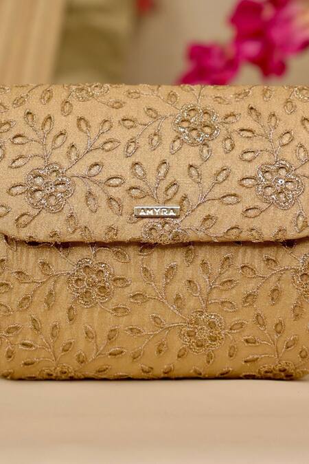 Amyra_Gold Embroidery Tarang Flapover Clutch Bag _Online_at_Aza_Fashions