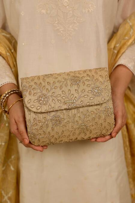 Shop_Amyra_Gold Embroidery Tarang Flapover Clutch Bag _Online_at_Aza_Fashions