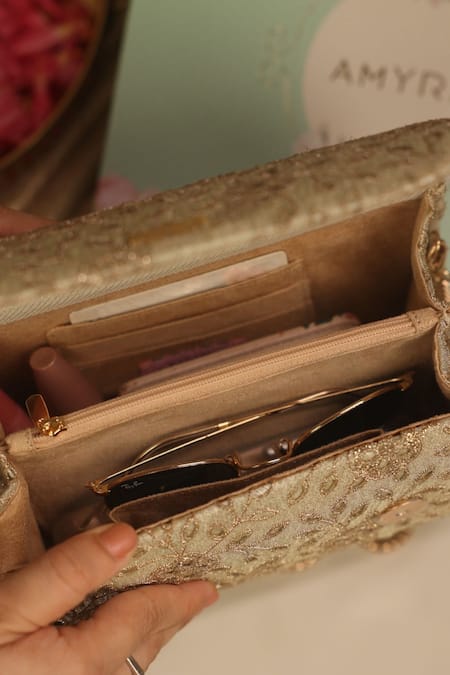 Amyra_Gold Embroidery, Cut Work Tarang Flapover Clutch - Light _Online_at_Aza_Fashions