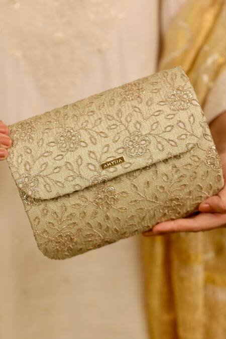 Amyra_Gold Embroidery, Cut Work Tarang Flapover Clutch - Light _at_Aza_Fashions
