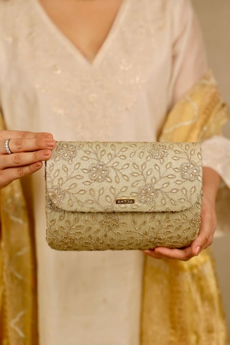 AMYRA Gold Embroidery, Cut Work Tarang Flapover Clutch - Light 