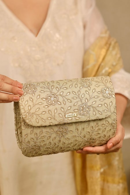 Shop_Amyra_Gold Embroidery, Cut Work Tarang Flapover Clutch - Light 