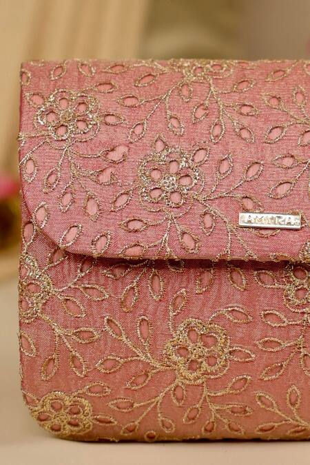 Amyra_Pink Embroidery Tarang Flapover Clutch -_Online_at_Aza_Fashions