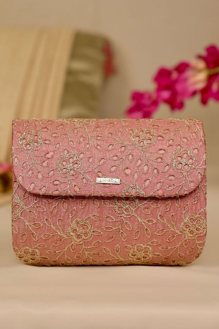 Shop_Amyra_Pink Embroidery Tarang Flapover Clutch -_Online_at_Aza_Fashions